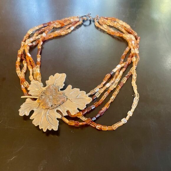 Orange Red Yellow Brown Spessartitle squ bead necklace W/ Steph Dweck Pin - Picture 2 of 12